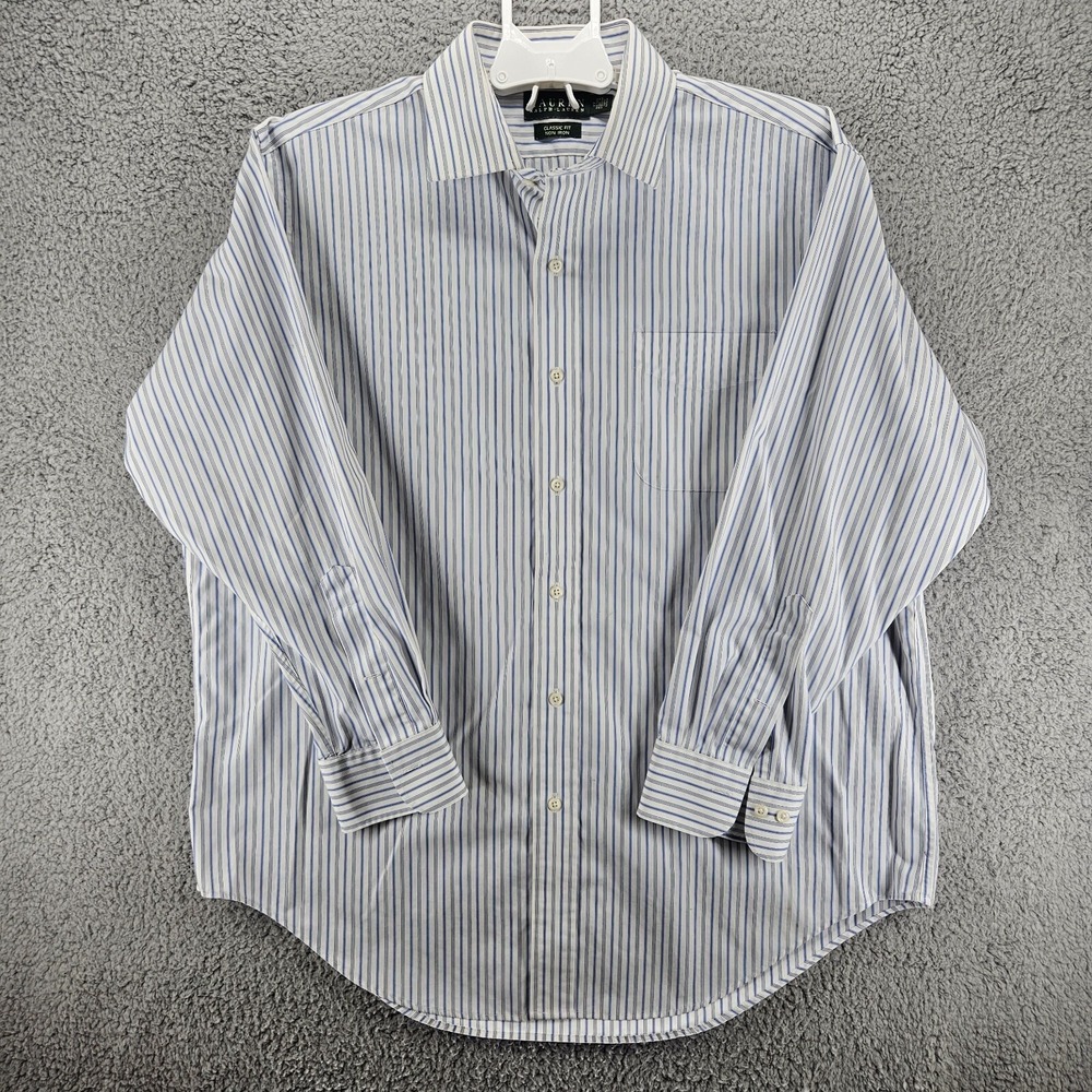Lauren Ralph Lauren Mens 17 32/33 Classic Fit Non Iron Striped Shirt White Blue